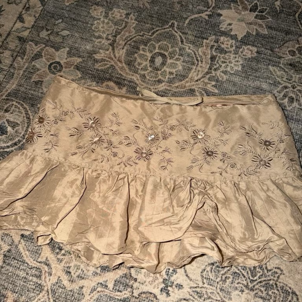 Beige Floral Embroidered Ruffle Mini Skirt